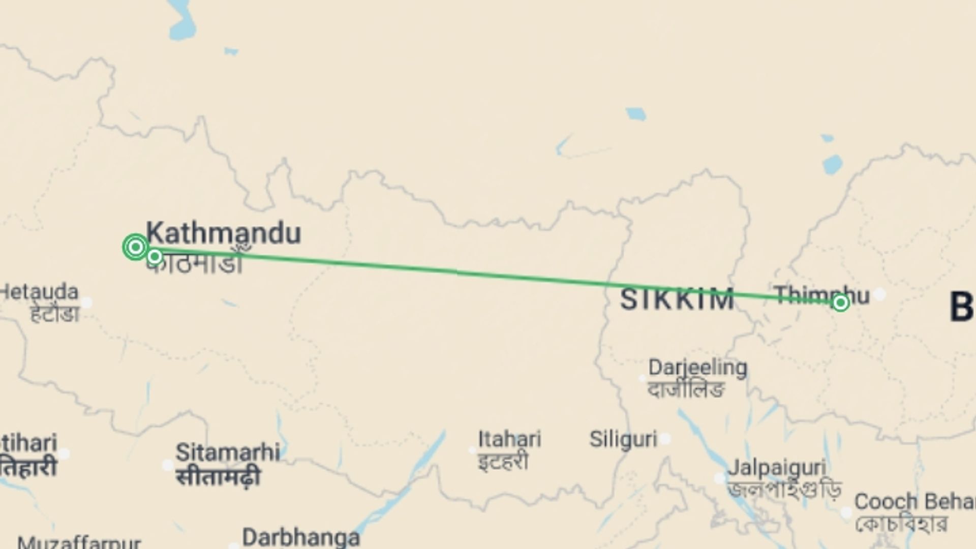 A map showing the tour itinerary for the trip: Signature Nepal & Bhutan | Peaks & Prayer Flags, starting in Kathmandu, Nepal and ending in Kathmandu, Nepal going through 2 other destinations.