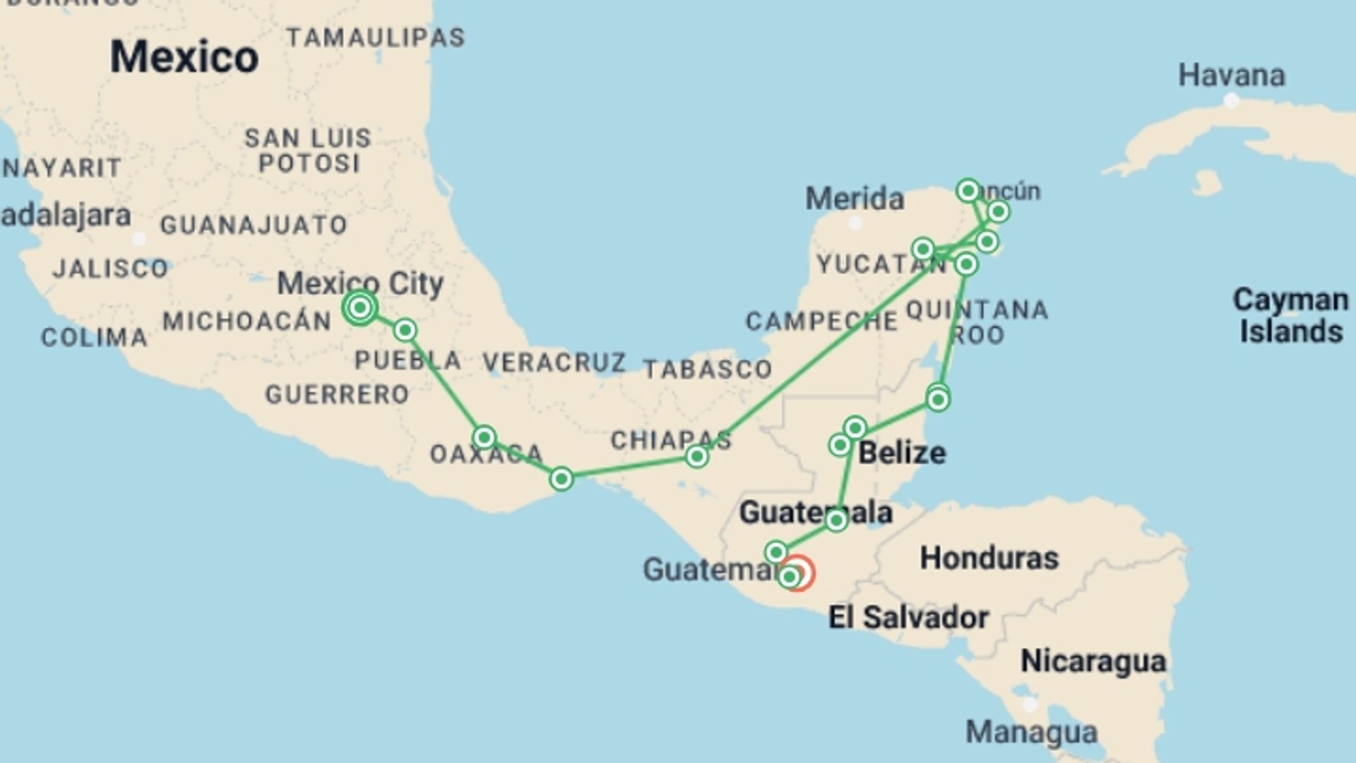 A map showing the tour itinerary for the trip: EPIC CENTRAL AMERICA 28 DAYS, starting in Mexico City, Mexico and ending in Antigua, Guatemala going through 15 other destinations.