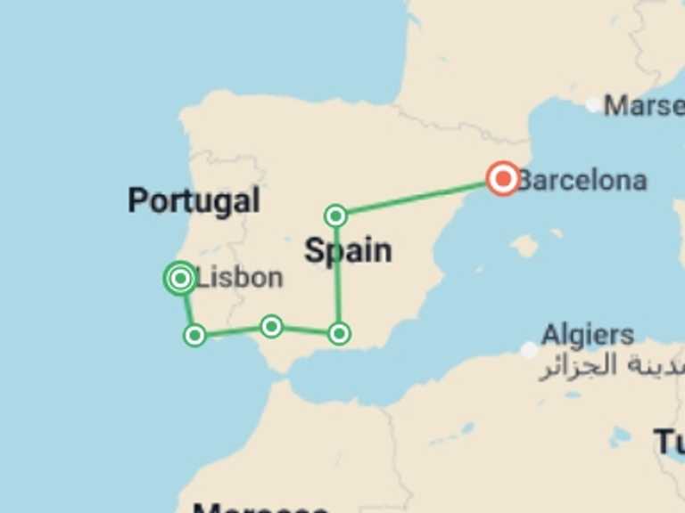 Map itinerary of Seville Tour in June 2026 with 6 destination visits for the trip: Essential Spain and Portugal