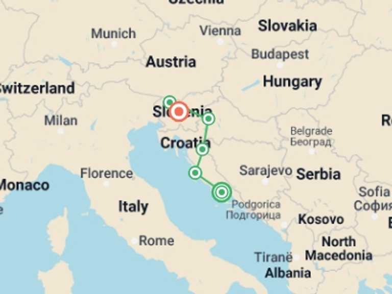 Map of Zagreb City sightseeing Tour with 6 destination visits for the trip: Croatia & Slovenia