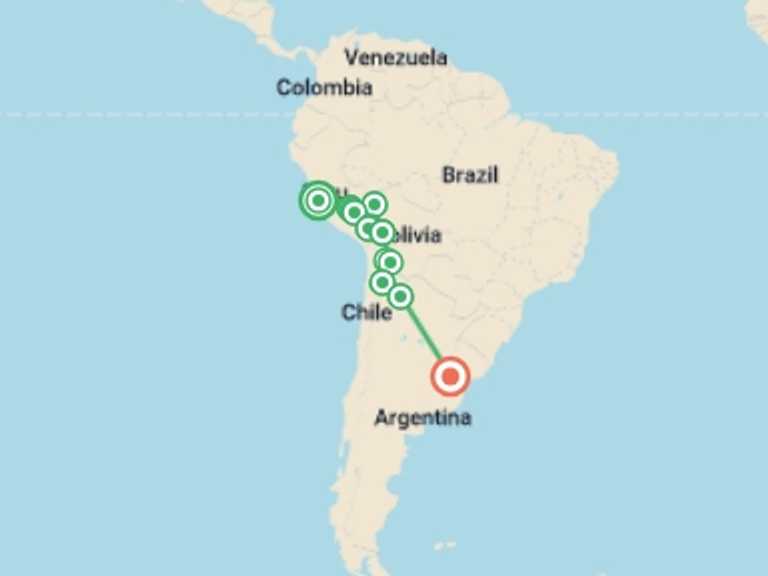 Map itinerary of La Paz Tour in November 2026 with 13 destination visits for the trip: Epic Peru, Bolivia & Argentina