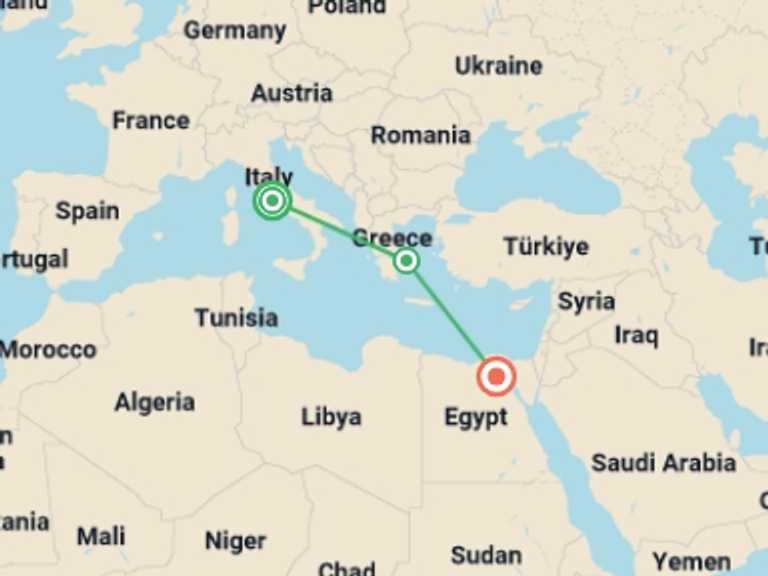 Map itinerary of Europe Tour in Winter with 3 destination visits for the trip: Ancient Wonders: Rome Athens Cairo