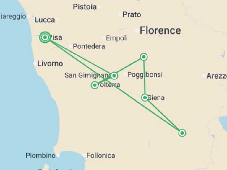 Map itinerary of Europe Tour in July 2026 with 6 destination visits for the trip: A Taste of Tuscany - Hilltop Towns and Vineyards