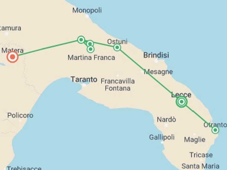 Map of Italy Tour with 5 destination visits for the trip: Walking in Puglia