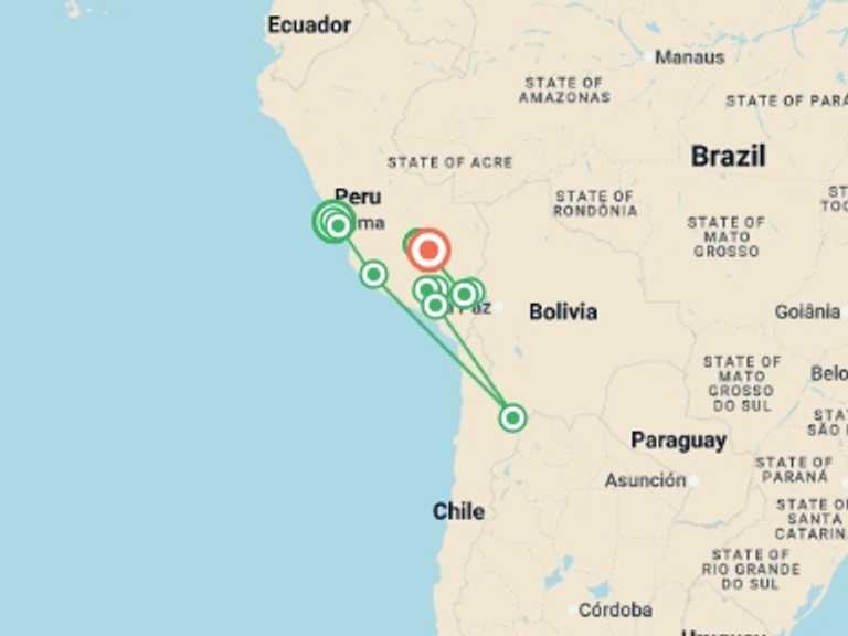 Map of South America Cruise Tour with 16 destination visits for the trip: Peru In Depth and the Inca Trail