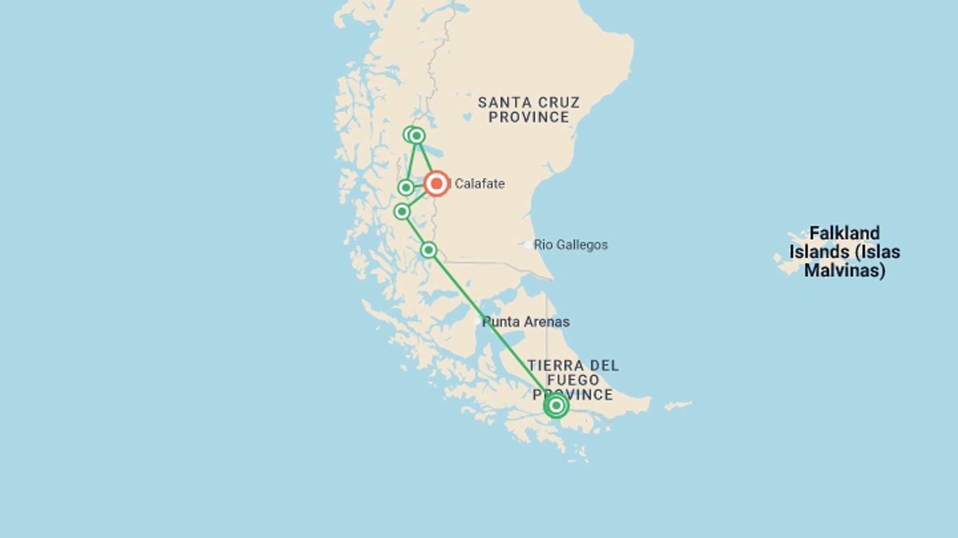 A map showing the tour itinerary for the trip: Kayak & Hike at the end of the world 13D/12N, starting in Ushuaia, Argentina and ending in El Calafate, Argentina going through 8 other destinations.