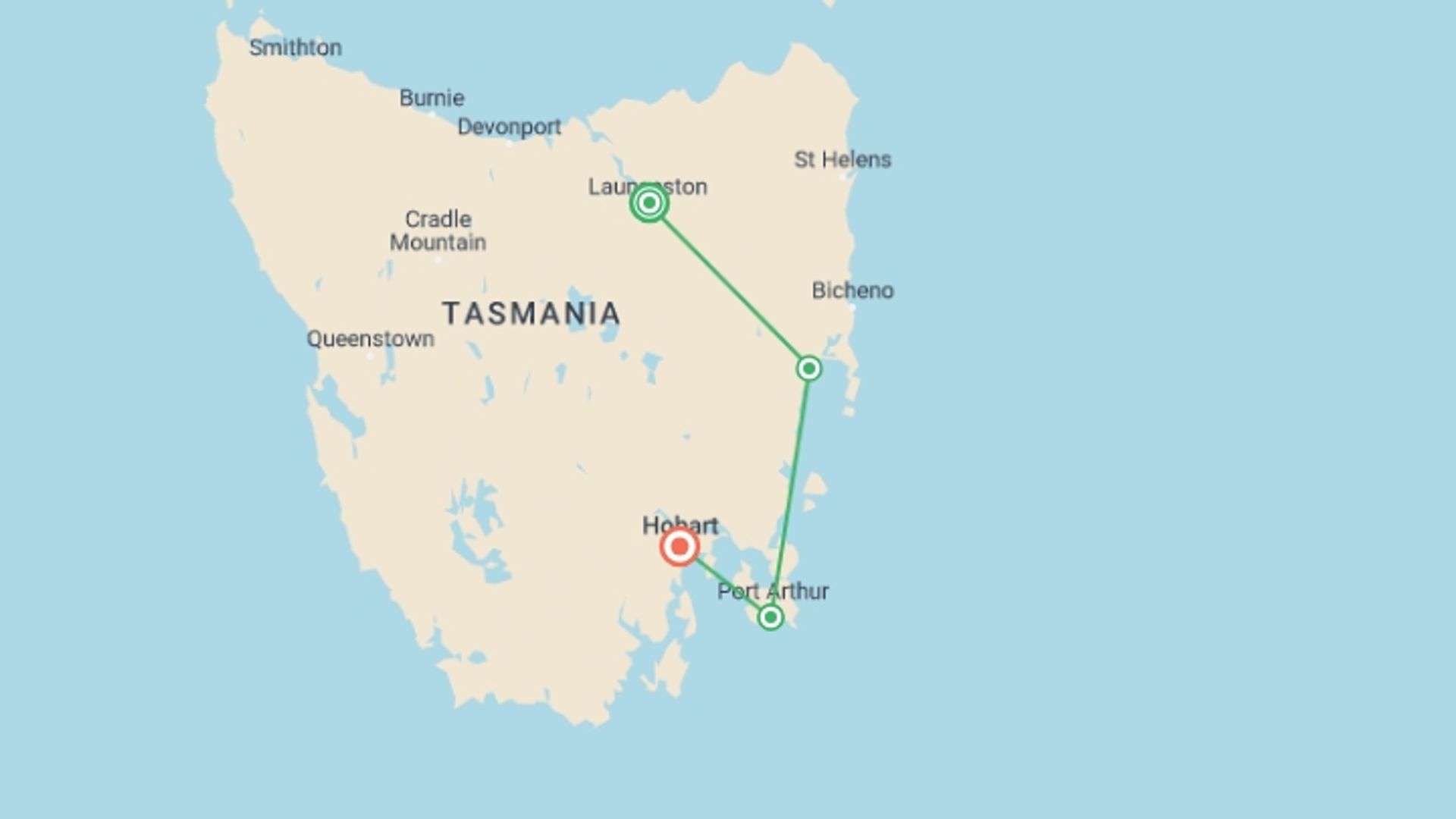 A map showing the tour itinerary for the trip: Walk Tasmania’s Capes, Freycinet & Maria Island, starting in Launceston, Australia and ending in Hobart, Australia going through 2 other destinations.