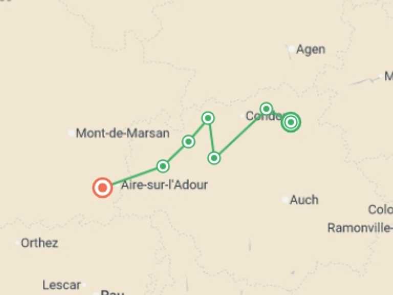 Map itinerary of Europe Tour in April 2026 with 9 destination visits for the trip: Le Puy Camino - Lectoure to Aire sur l'Adour