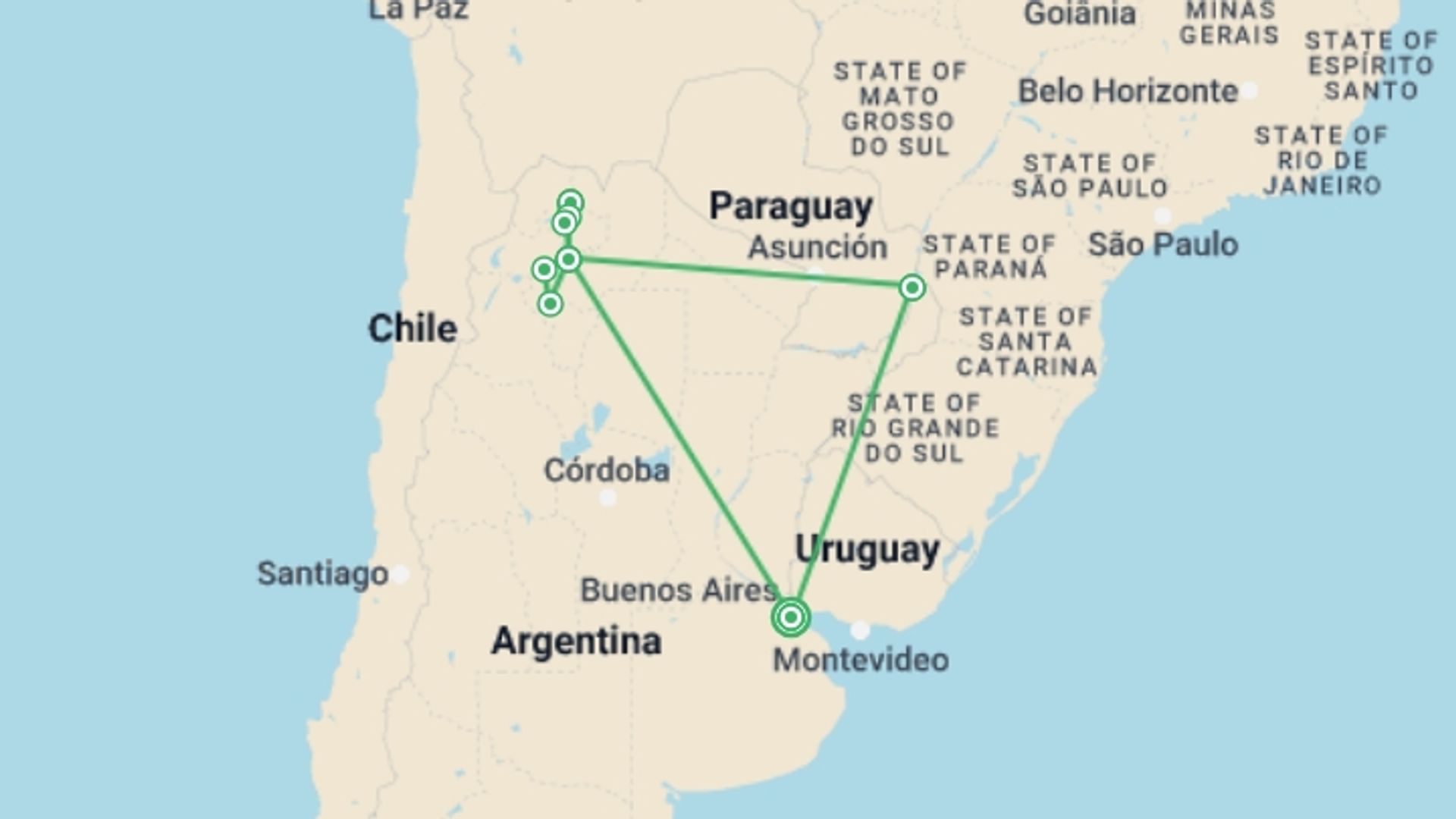 A map showing the tour itinerary for the trip: Buenos Aires, Iguazu Falls, and self-drive in the North, starting in Buenos Aires, Argentina and ending in Buenos Aires, Argentina going through 9 other destinations.