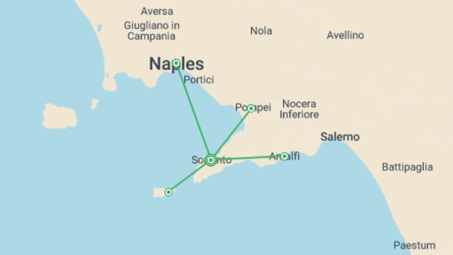 A map showing the tour itinerary for the trip: Flavors Of Sorrento And Amalfi, Private Tour, starting in Sorrento, Italy and ending in Sorrento, Italy going through 1 other destinations.