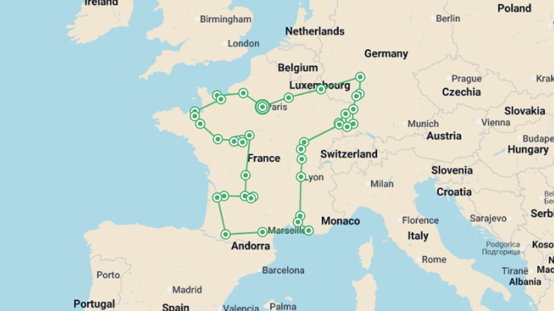 A map showing the tour itinerary for the trip: French passion and the Black Forest, starting in Paris, France and ending in Paris, France going through 13 other destinations.