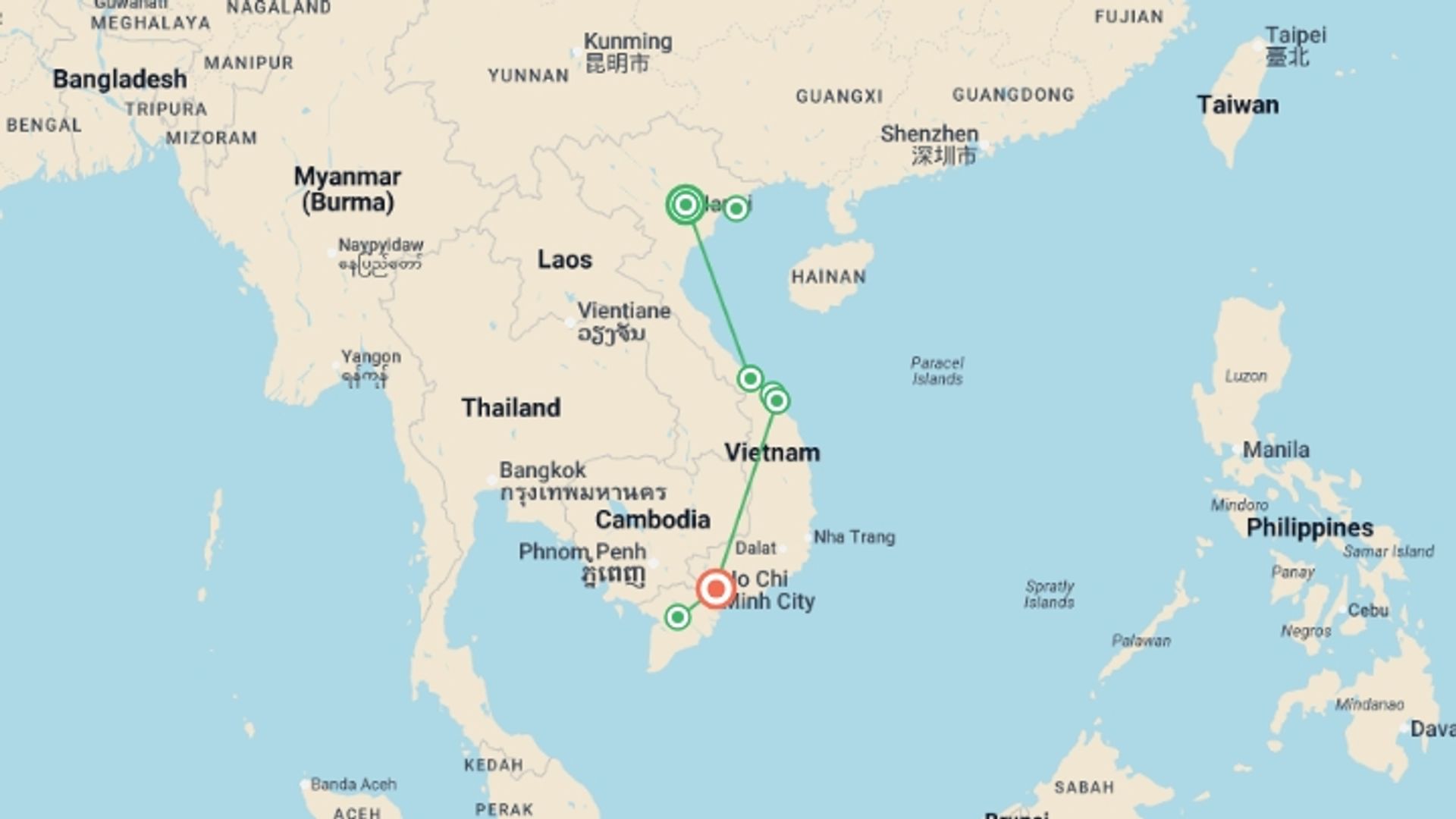 A map showing the tour itinerary for the trip: Vietnam Adventure, starting in Hanoi, Vietnam and ending in Ho Chi Minh City, Vietnam going through 5 other destinations.