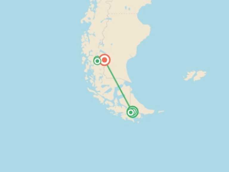 Map of Ushuaia National parks Tour with 4 destination visits for the trip: Ushuaia & El Calafate Tour