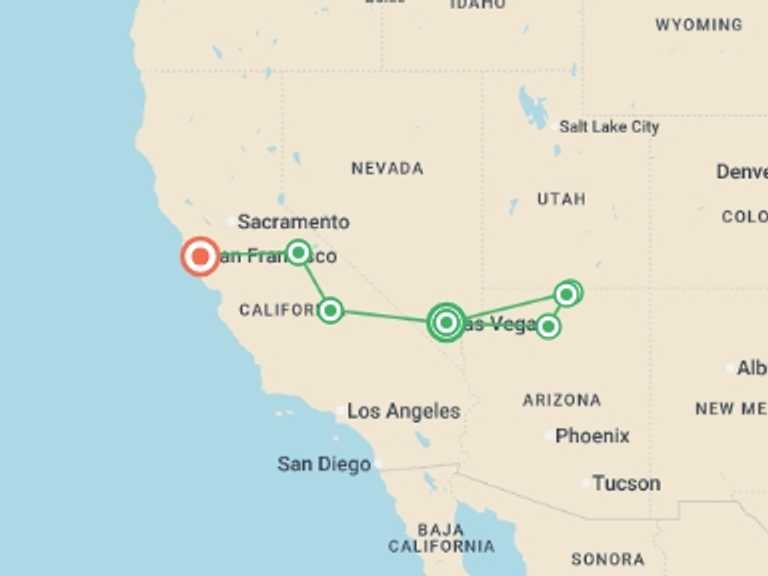 Map of North America Tour with 7 destination visits for the trip: Best of Western USA