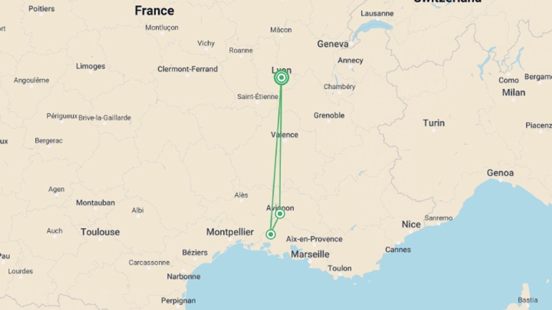 A map showing the tour itinerary for the trip: A Christmas in Provence (port-to-port cruise), starting in Lyon, France and ending in Lyon, France going through 2 other destinations.