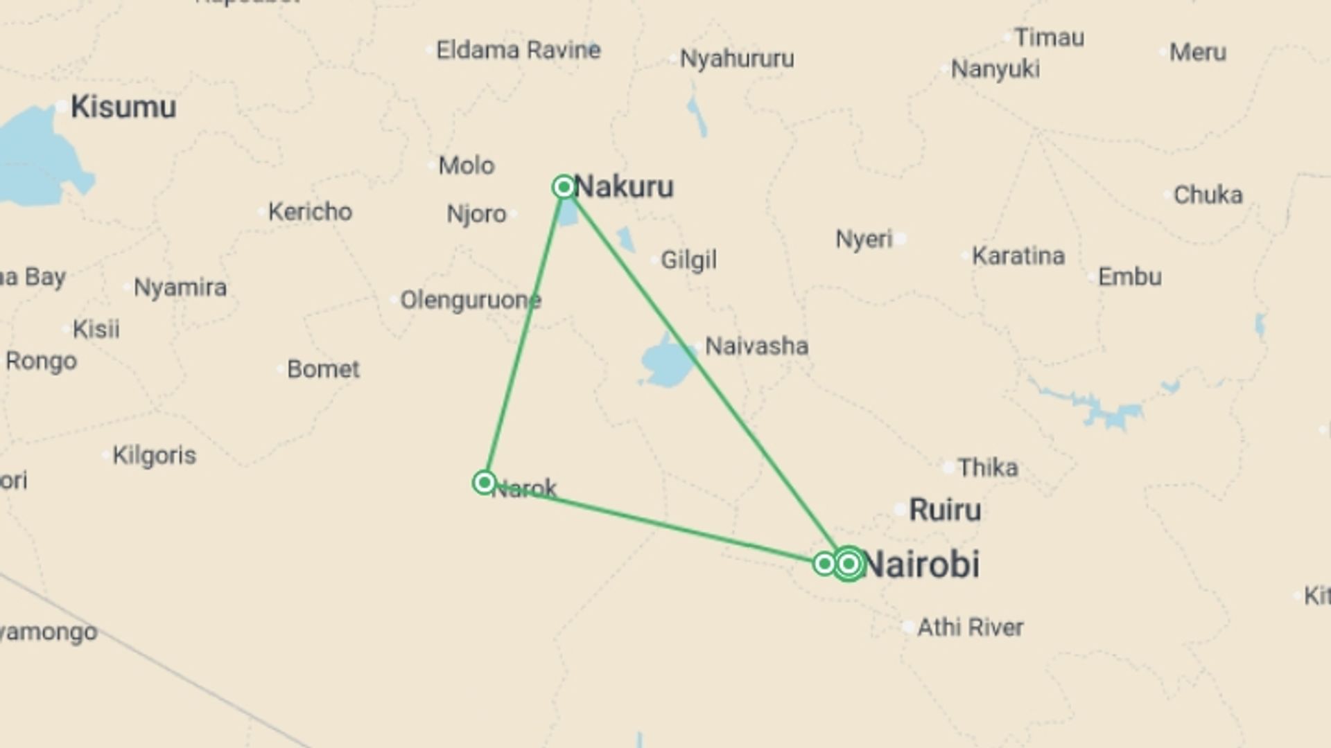 A map showing the tour itinerary for the trip: Kenya Wildlife Wonders - 9 days, starting in Nairobi, Kenya and ending in Nairobi, Kenya going through 3 other destinations.