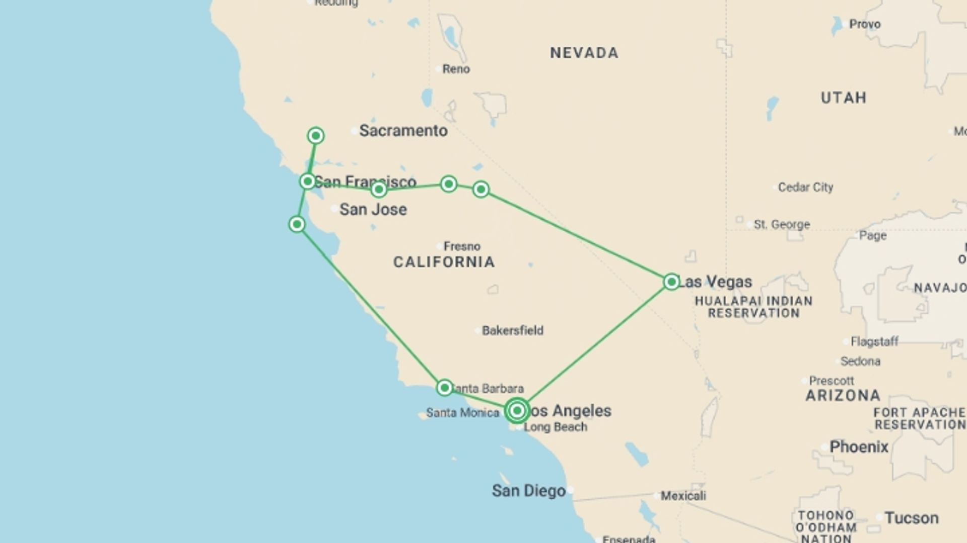 A map showing the tour itinerary for the trip: Western Panorama, starting in Los Angeles, USA and ending in Los Angeles, USA going through 6 other destinations.
