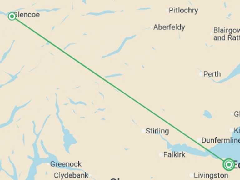Map of Glasgow Tour with 2 destination visits for the trip: Scottish Highlands & Jacobite Steam Train
