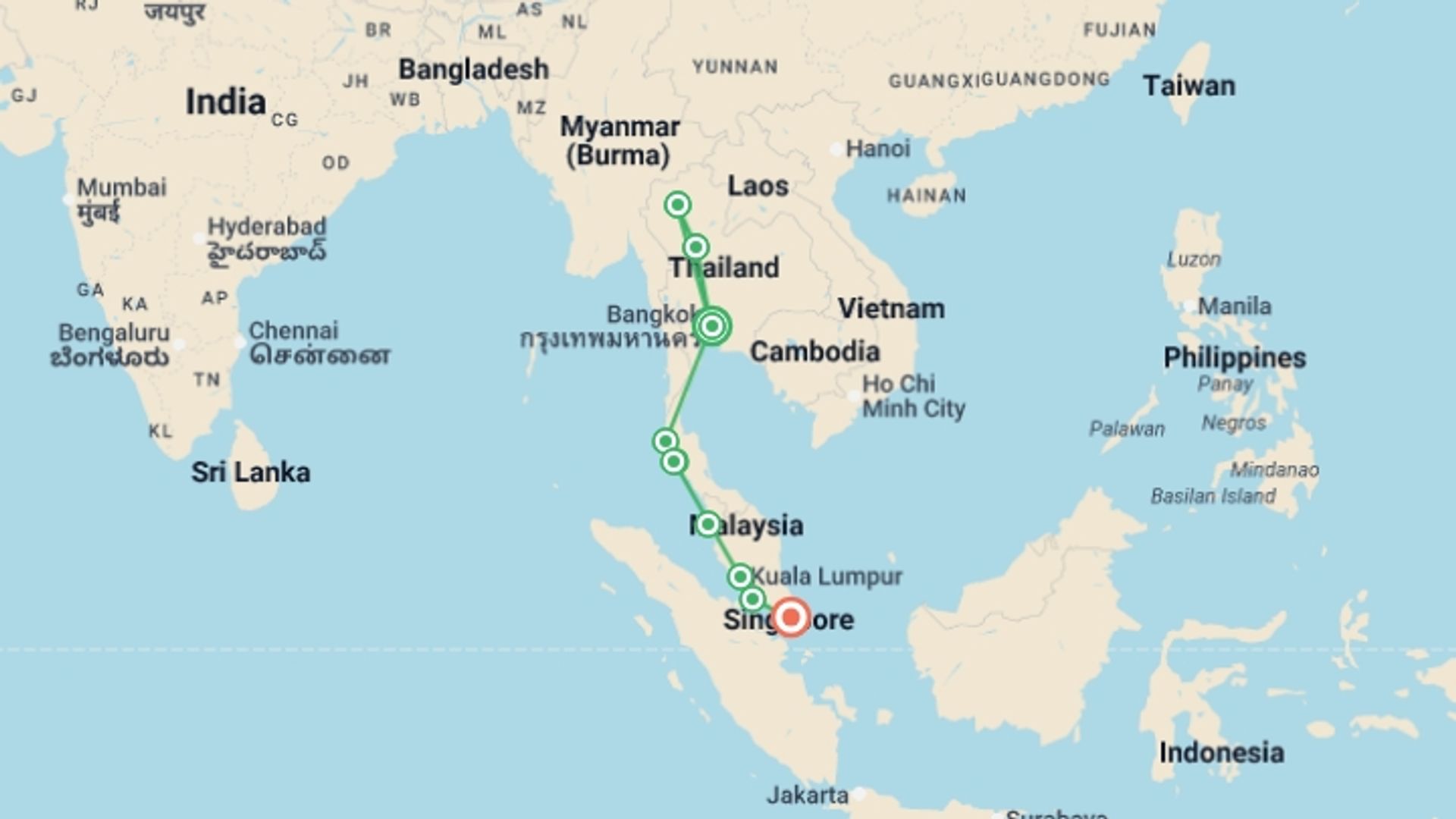 A map showing the tour itinerary for the trip: Best of Thailand & Malaysia, starting in Bangkok, Thailand and ending in Singapore, Singapore going through 8 other destinations.