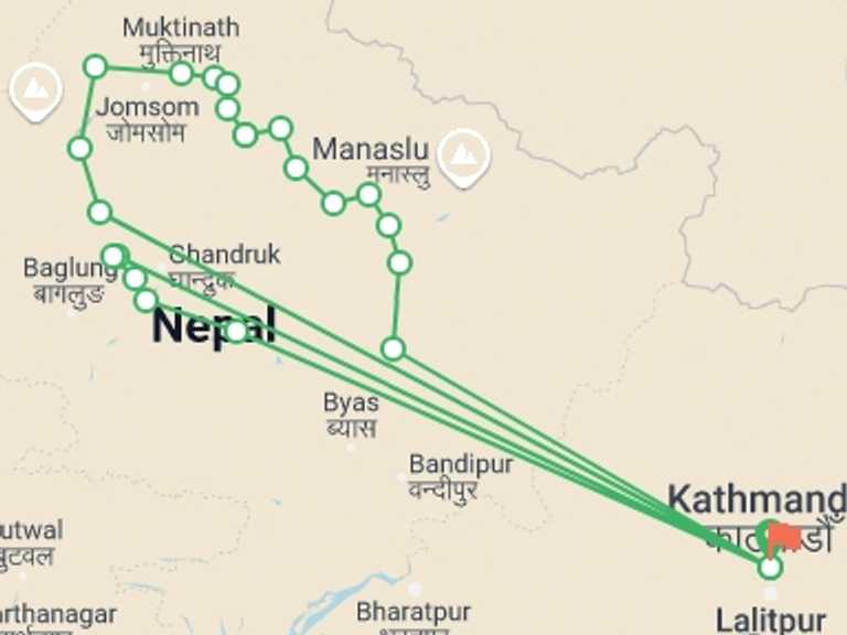 Map of 14-Day Kathmandu Tour with 18 destination visits for the trip: Annapurna Circuit Trek