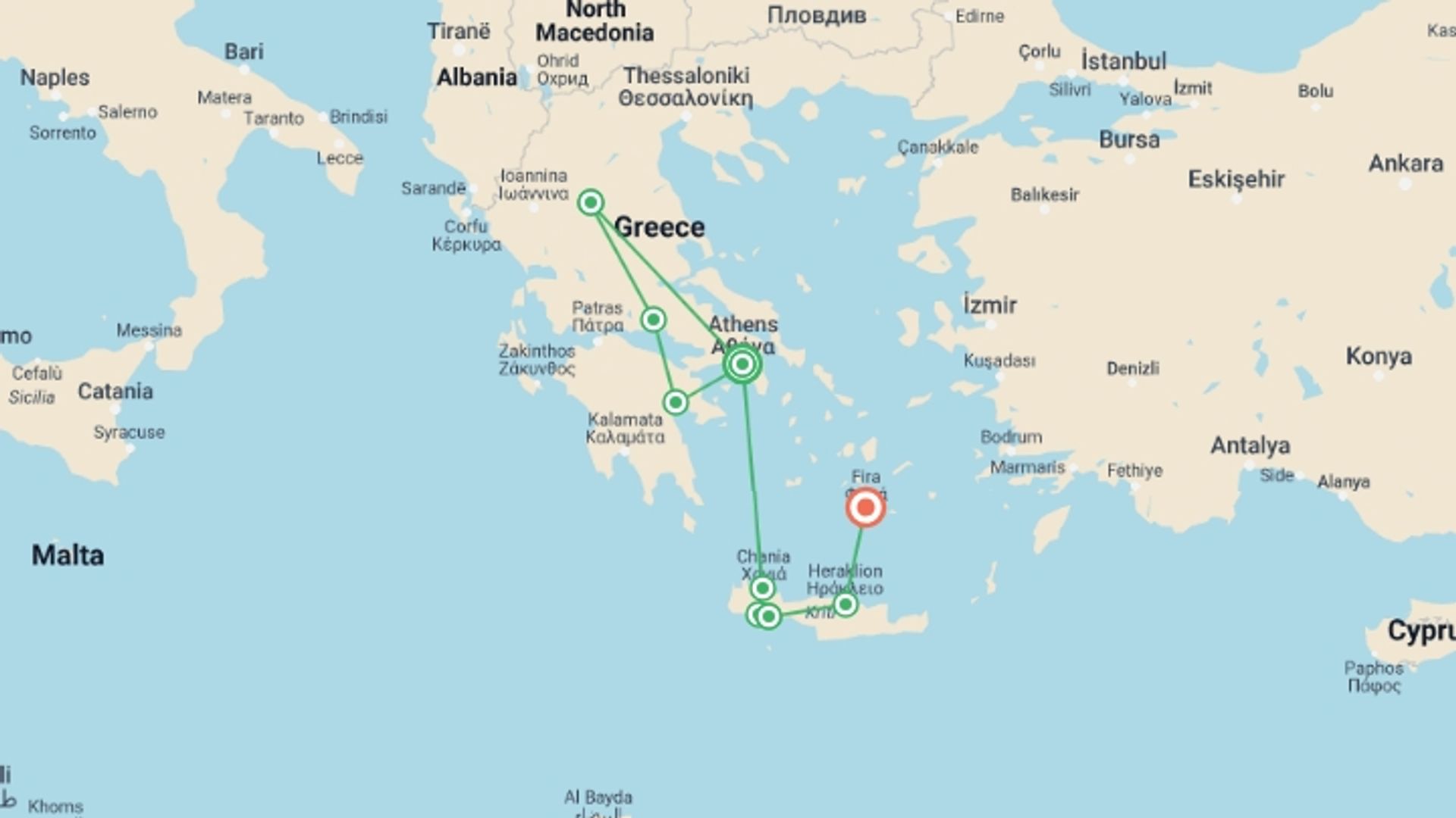 A map showing the tour itinerary for the trip: Best of Greece, starting in Athens, Greece and ending in Santorini, Greece going through 7 other destinations.