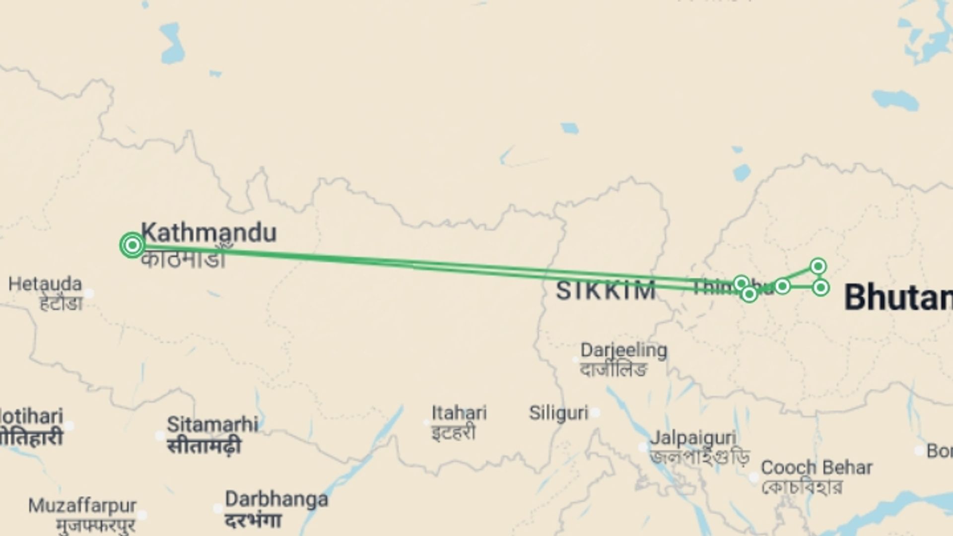 A map showing the tour itinerary for the trip: Festivals of Bhutan – Black Crane, starting in Kathmandu, Nepal and ending in Kathmandu, Nepal going through 5 other destinations.