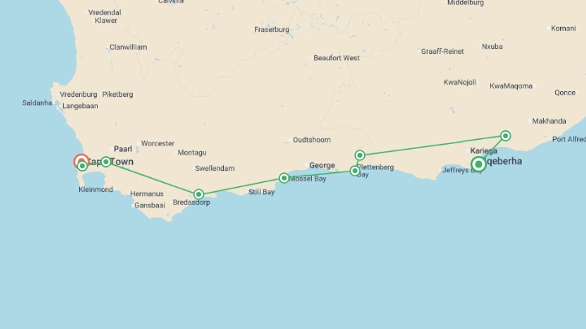 A map showing the tour itinerary for the trip: Cape Town and the Garden Route - Premium Adventure, starting in Port Elizabeth, South Africa and ending in Cape Town, South Africa going through 7 other destinations.
