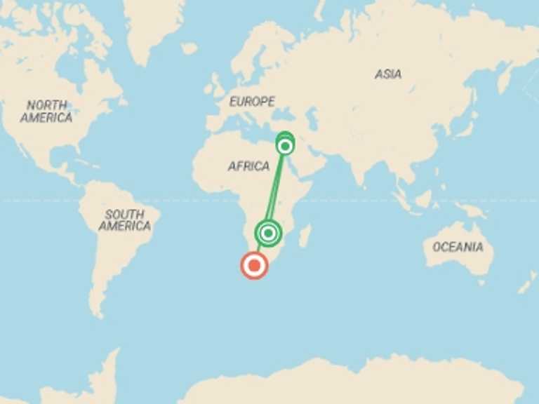Map itinerary of Africa Tour in February 2027 with 7 destination visits for the trip: Best of Jordan