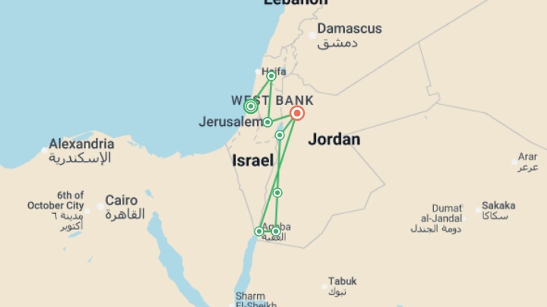 A map showing the tour itinerary for the trip: Israel and Jordan, starting in Tel Aviv, Israel and ending in Amman, Jordan going through 6 other destinations.