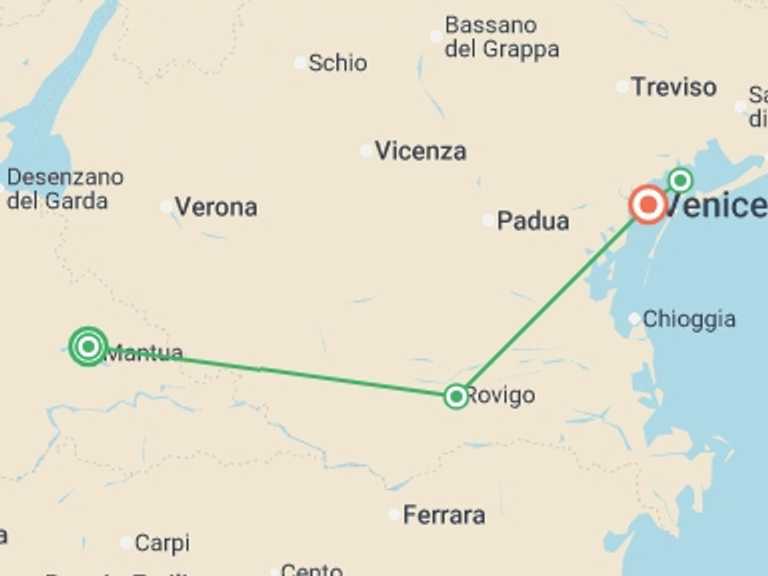 Map itinerary of Mediterranean Tour in September 2026 with 3 destination visits for the trip: From Renaissance-infused Mantua to the Canals of Venice