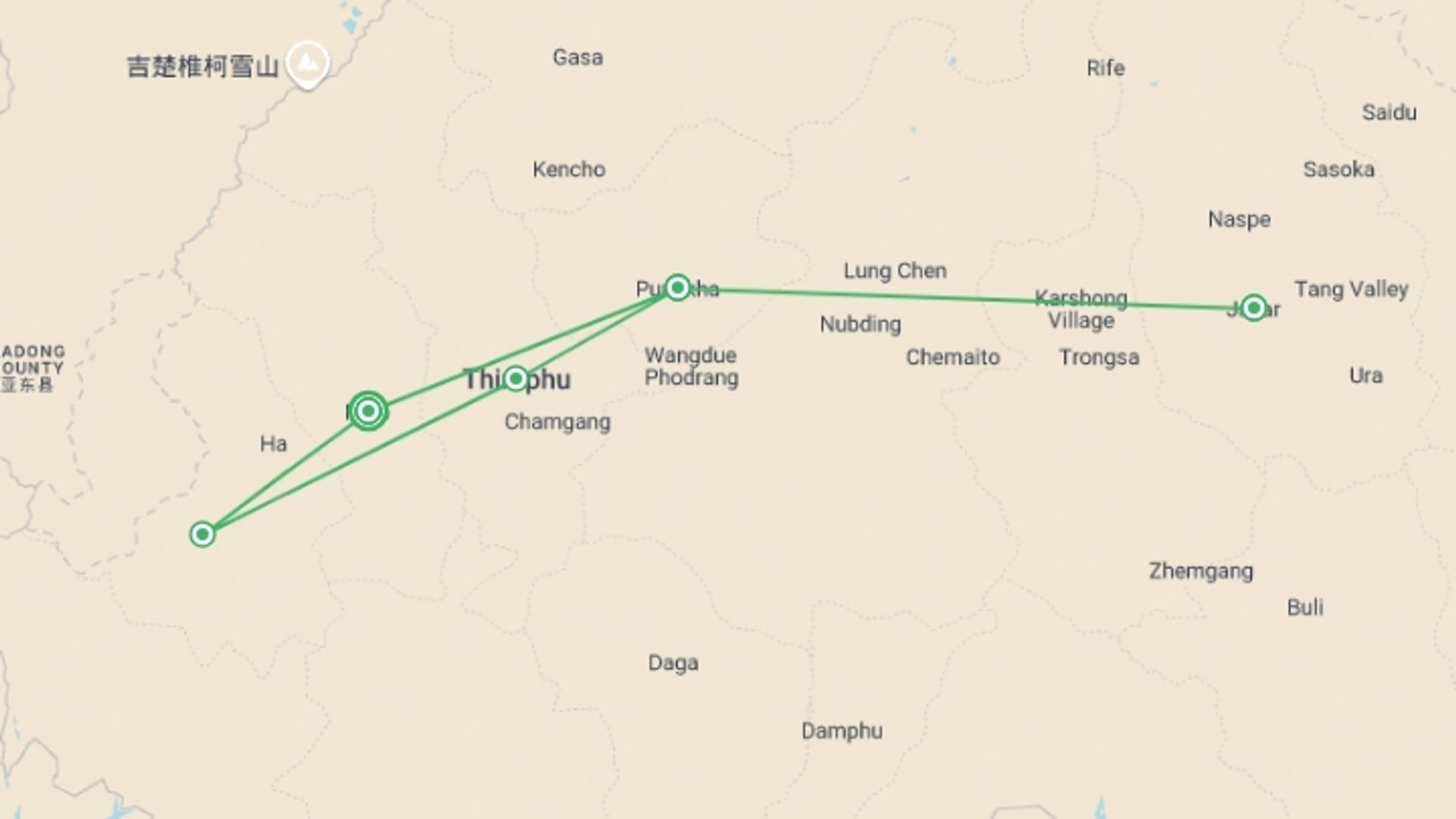A map showing the tour itinerary for the trip: Highlights of Bhutan, starting in Paro, Bhutan and ending in Paro, Bhutan going through 4 other destinations.