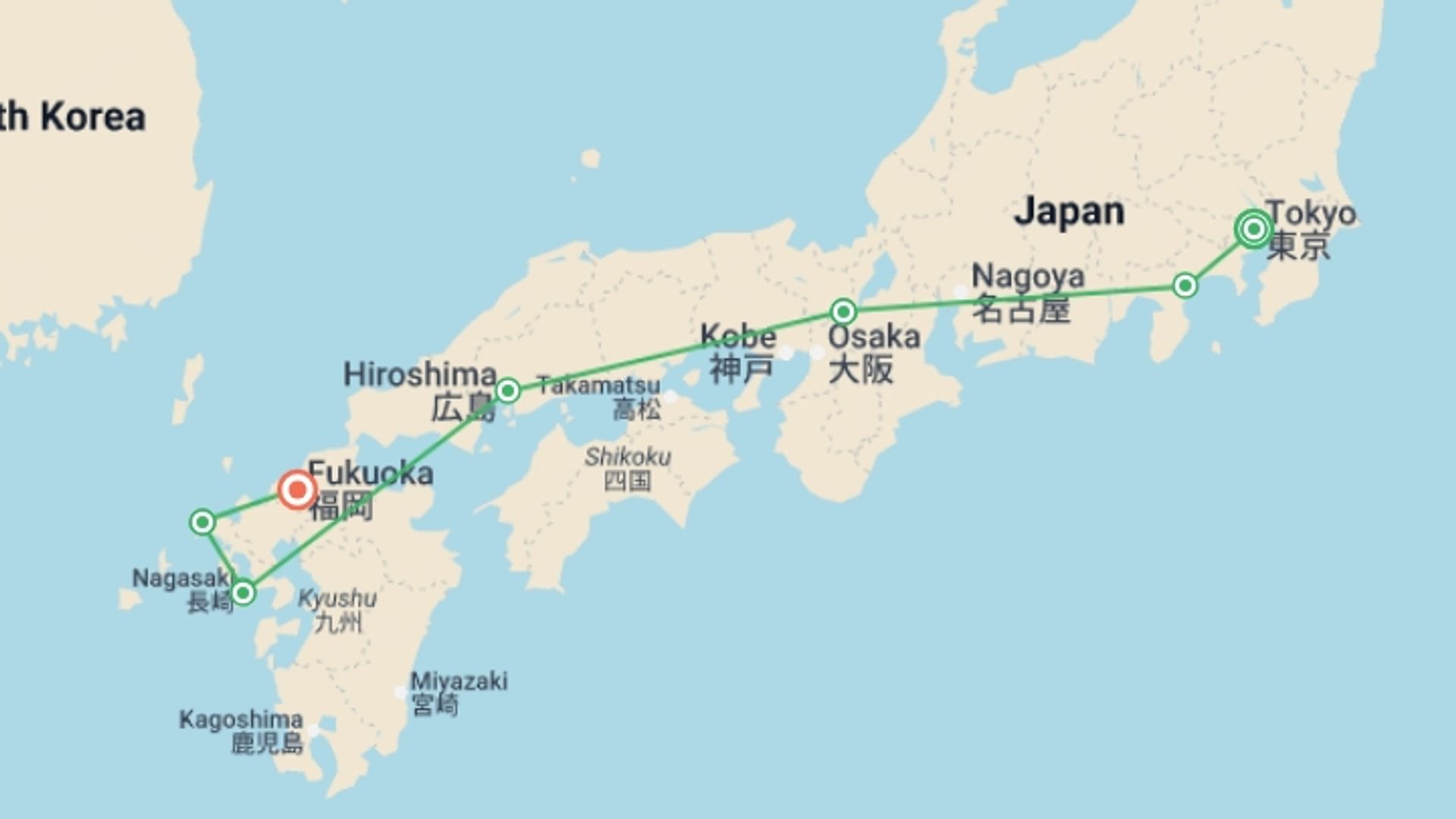 A map showing the tour itinerary for the trip: Japan In Depth - Footsteps of the Shogun, starting in Tokyo, Japan and ending in Fukuoka, Japan going through 5 other destinations.