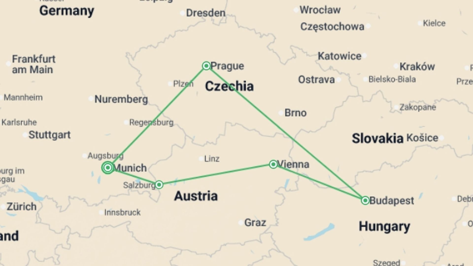 A map showing the tour itinerary for the trip: Imperial Europe, starting in Munich, Germany and ending in Munich, Germany going through 4 other destinations.