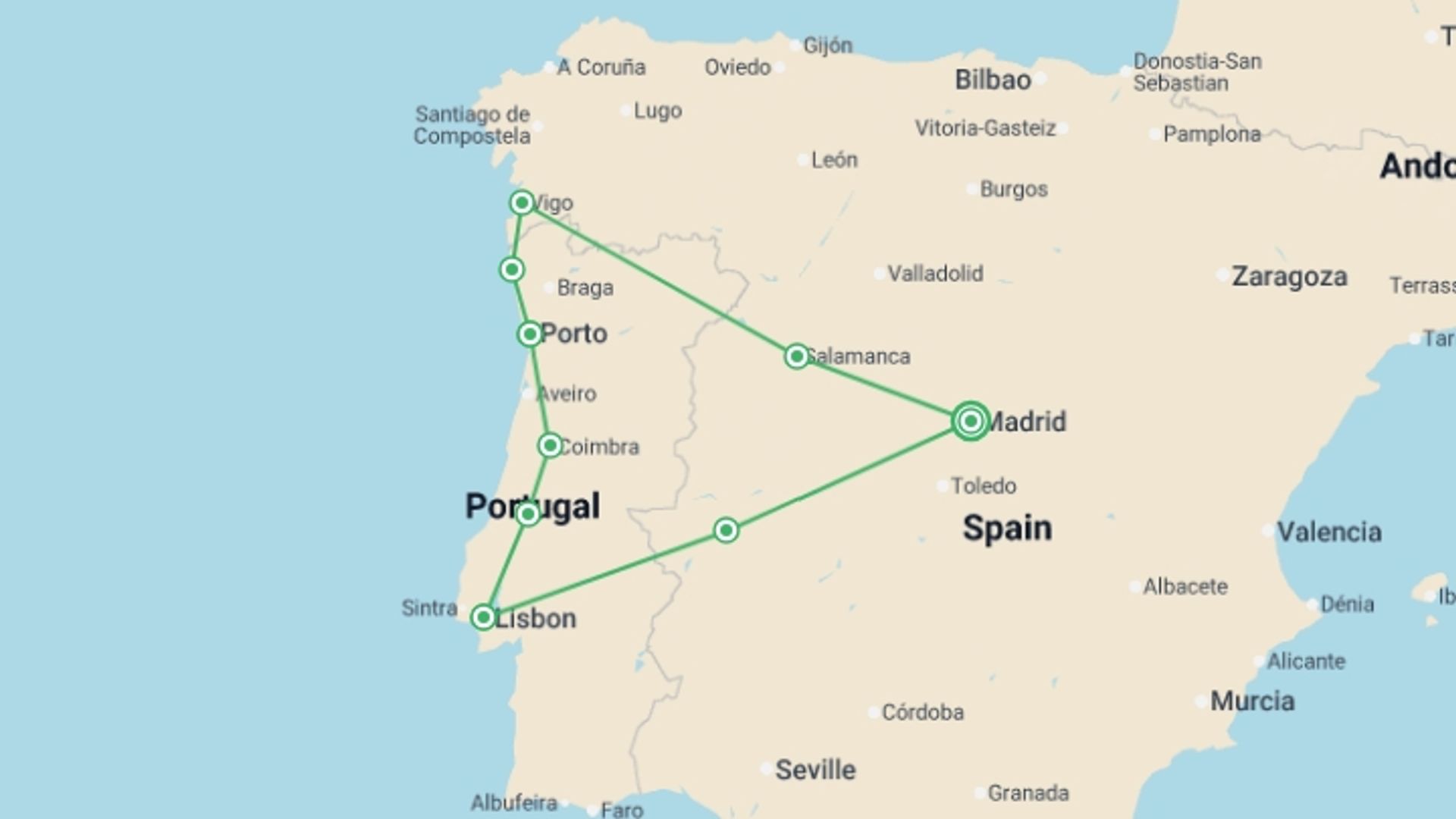 A map showing the tour itinerary for the trip: Castilla & Portugal Explorer - 7 days, starting in Madrid, Spain and ending in Madrid, Spain going through 4 other destinations.