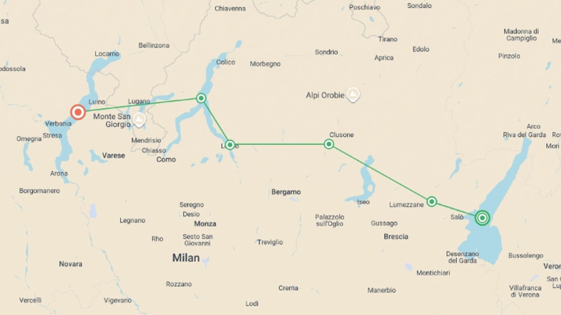 A map showing the tour itinerary for the trip: Self-Guided Cycling the Italian Lakes, starting in Lake Garda, Italy and ending in Lake Maggiore going through 4 other destinations.