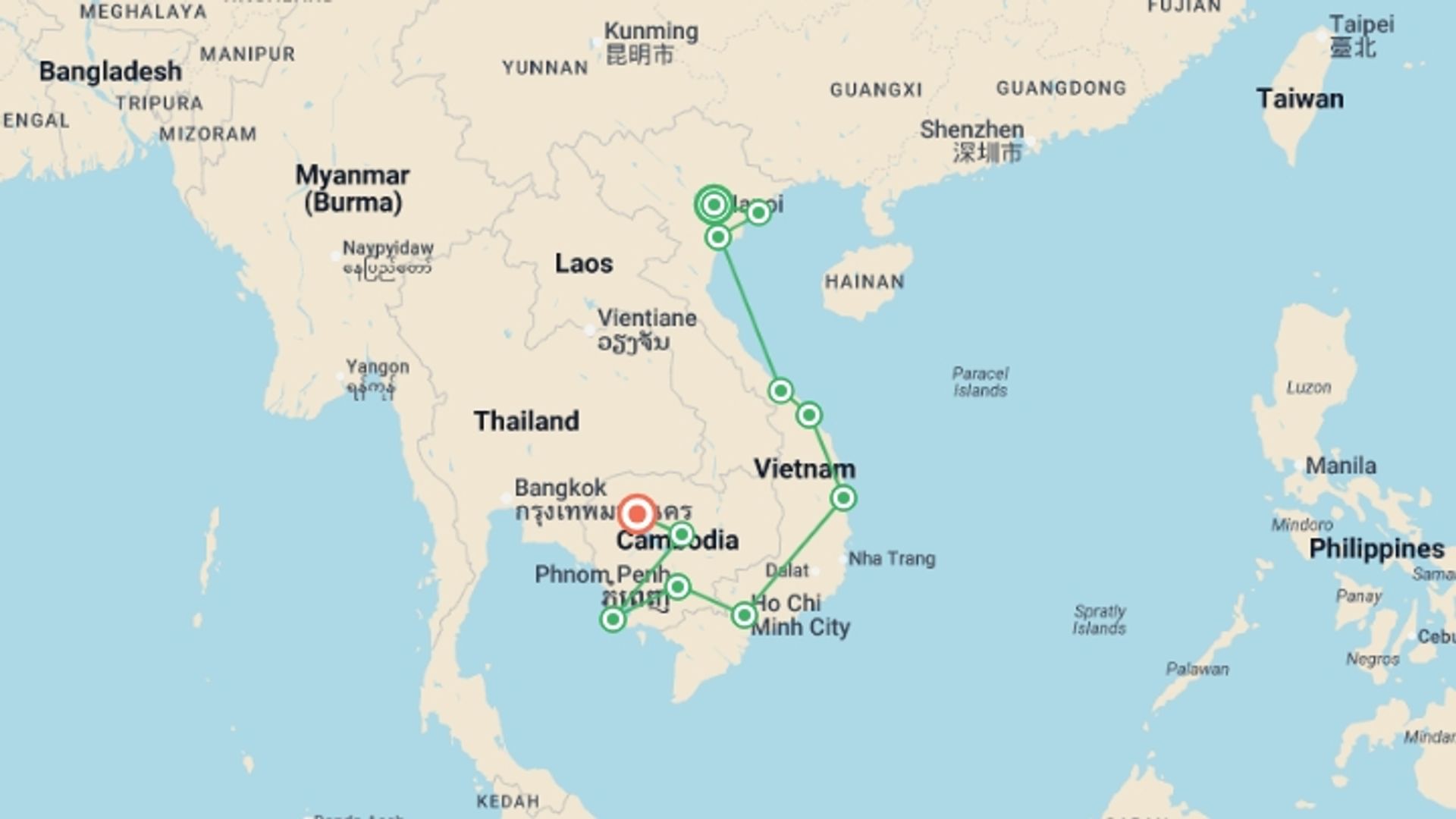 A map showing the tour itinerary for the trip: Real Vietnam to Cambodia, starting in Hanoi, Vietnam and ending in Siem Reap, Cambodia going through 9 other destinations.