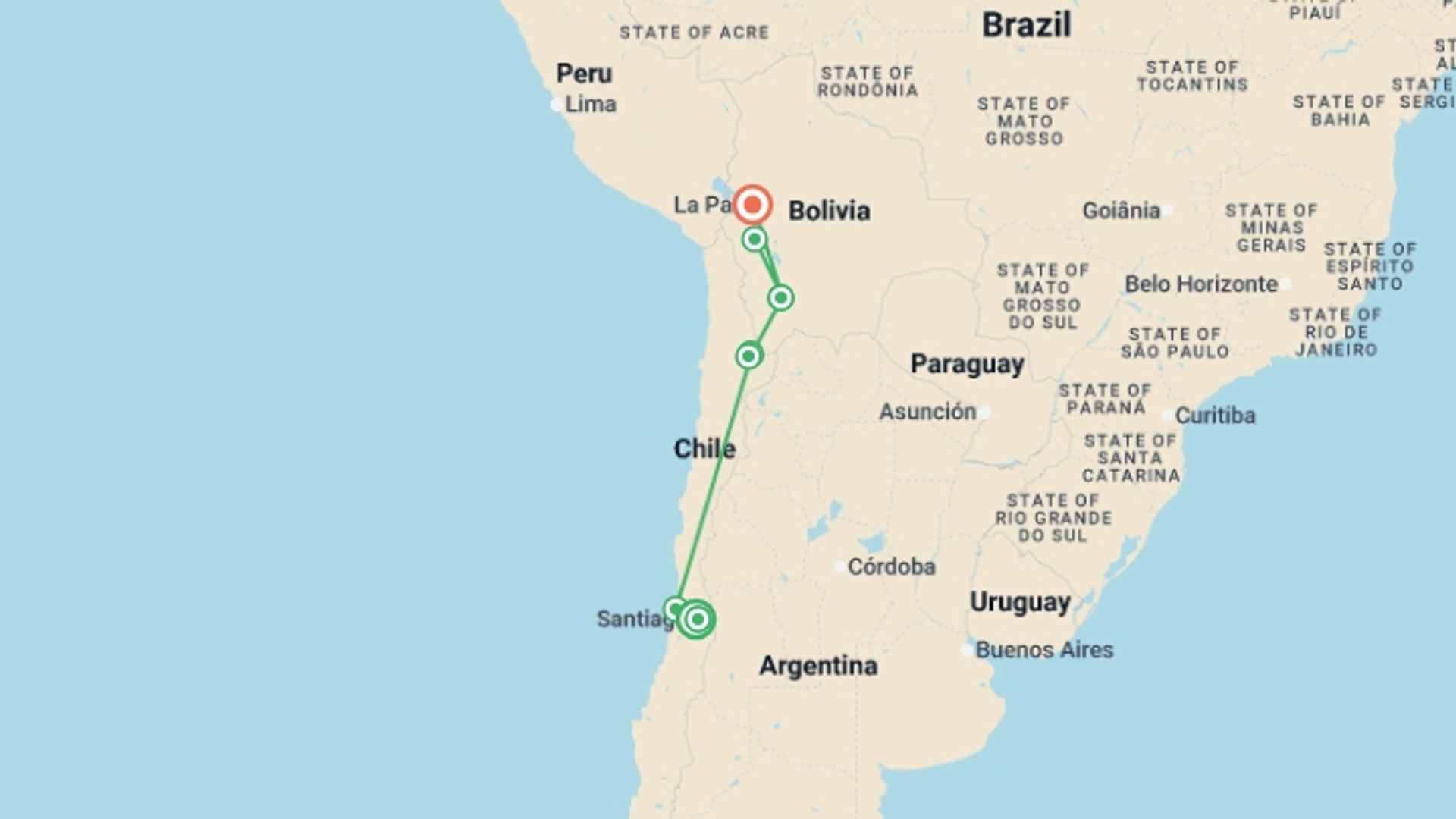 A map showing the tour itinerary for the trip: Colors of the Andes: From Santiago to Uyuni, starting in Santiago, Chile and ending in La Paz, Bolivia going through 6 other destinations.