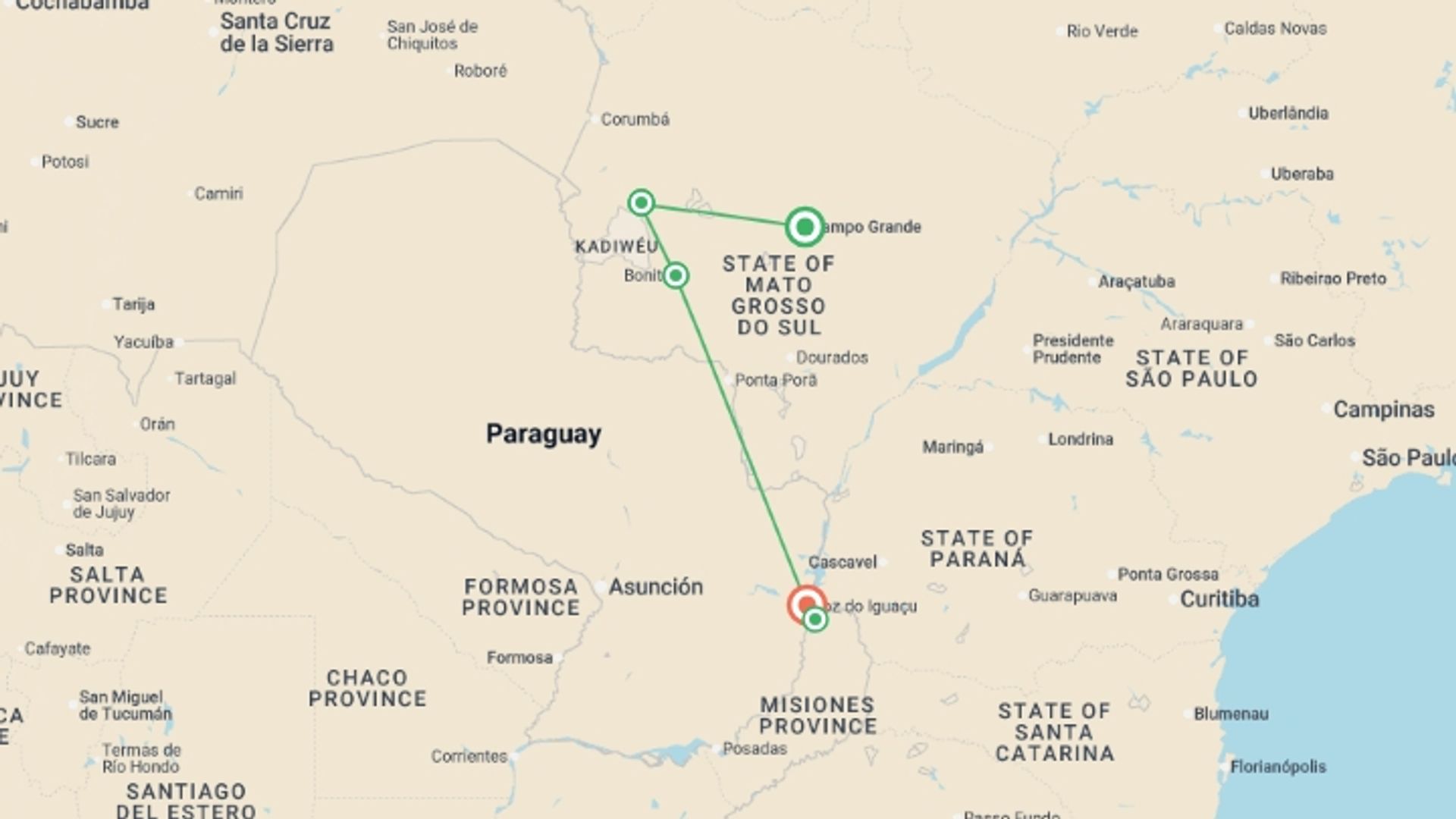 A map showing the tour itinerary for the trip: Pantanal, Bonito & Iguazu Adventure 9D/8N (from Campo Grande), starting in Campo Grande, Brazil and ending in Foz Do Iguacu, Brazil going through 2 other destinations.