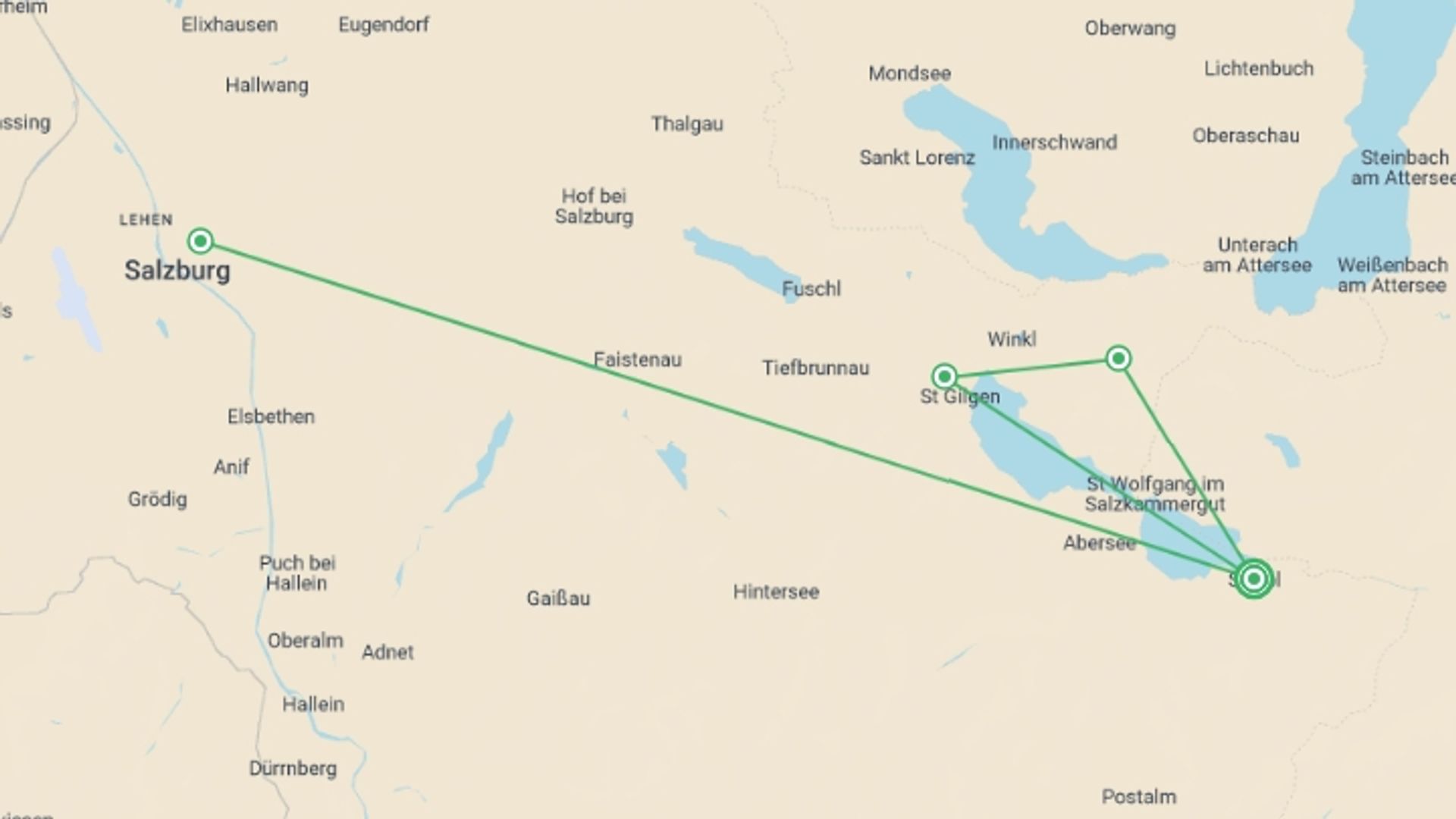 A map showing the tour itinerary for the trip: Austrian Lakes Activities, starting in Strobl, Austria and ending in Strobl, Austria going through 3 other destinations.