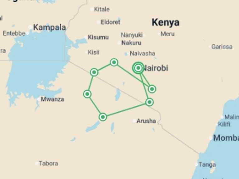 Map itinerary of Kenya Tour in Spring with 7 destination visits for the trip: East African Adventure