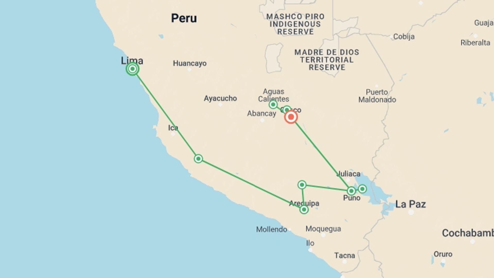 A map showing the tour itinerary for the trip: Simply Peru, starting in Lima, Peru and ending in Cusco, Peru going through 7 other destinations.