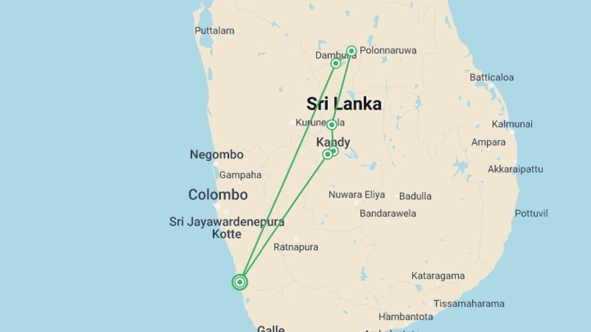 A map showing the tour itinerary for the trip: Kandy, Sigiriya & Dambulla 2 Days, Private Tour, starting in Bentota, Sri Lanka and ending in Bentota, Sri Lanka going through 1 other destinations.