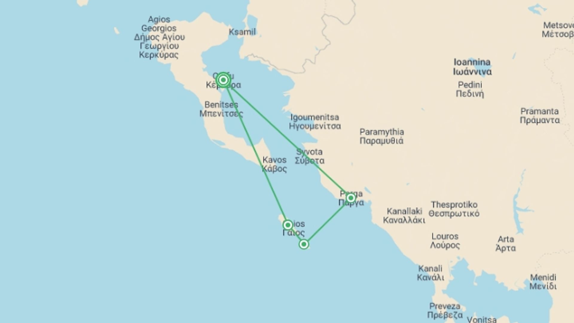 A map showing the tour itinerary for the trip: Sailing the Ionian Islands, starting in Corfu, Greece and ending in Corfu, Greece going through 3 other destinations.