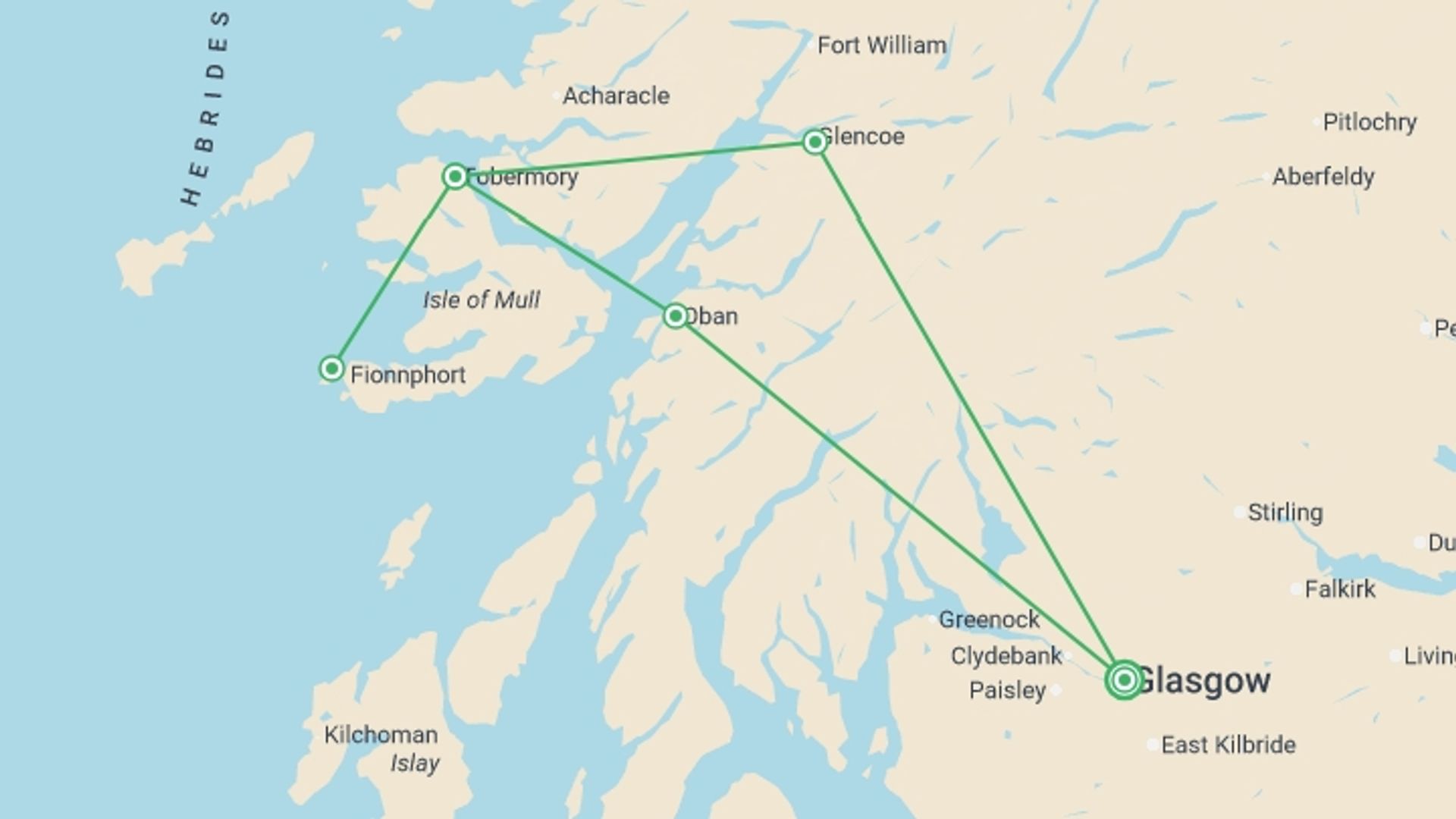 A map showing the tour itinerary for the trip: Magic Mull From Glasgow - 3 days, starting in Glasgow, Scotland and ending in Glasgow, Scotland going through 1 other destinations.