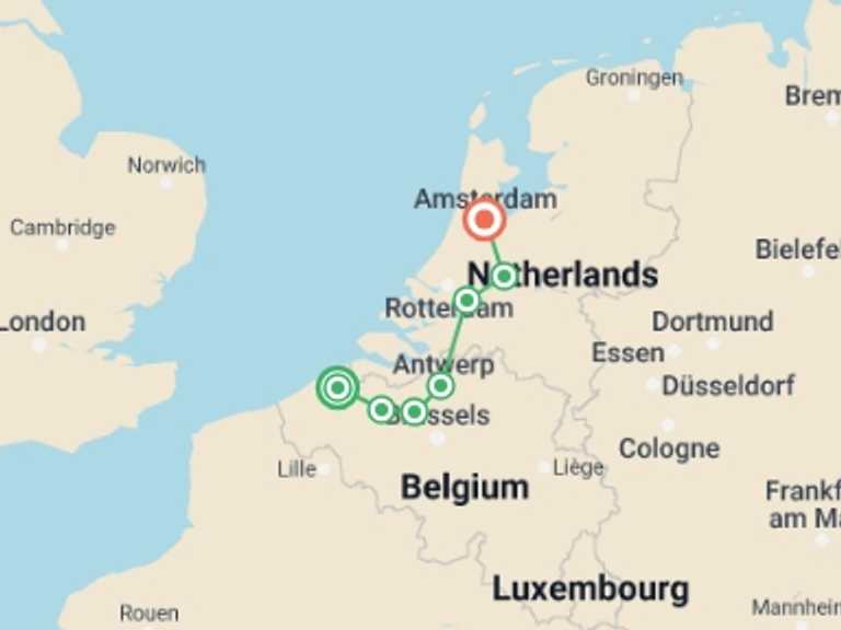 Map of Amsterdam Bicycle Tour with 7 destination visits for the trip: Bruges to Amsterdam Bike & Barge - Comfort