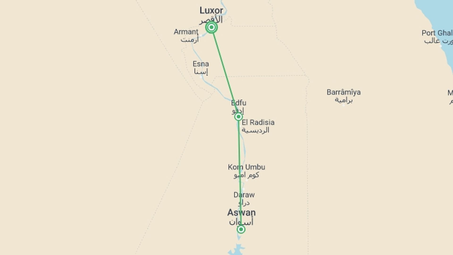 A map showing the tour itinerary for the trip: Luxurious 7-Night Nile Cruise (Luxor-Aswan), starting in Luxor, Egypt and ending in Luxor, Egypt going through 2 other destinations.