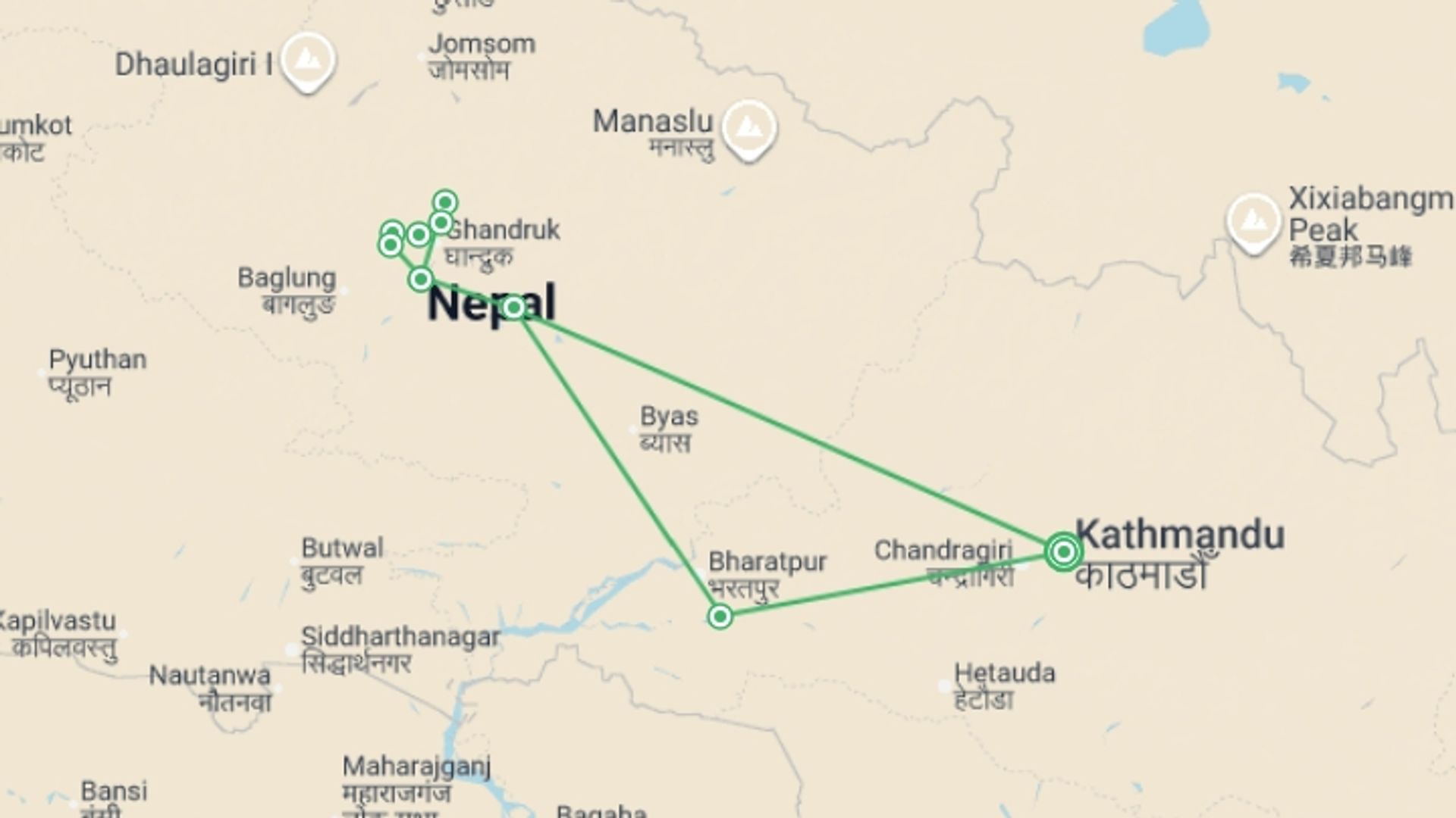 A map showing the tour itinerary for the trip: Annapurna Panorama - 13 days, starting in Kathmandu, Nepal and ending in Kathmandu, Nepal going through 8 other destinations.