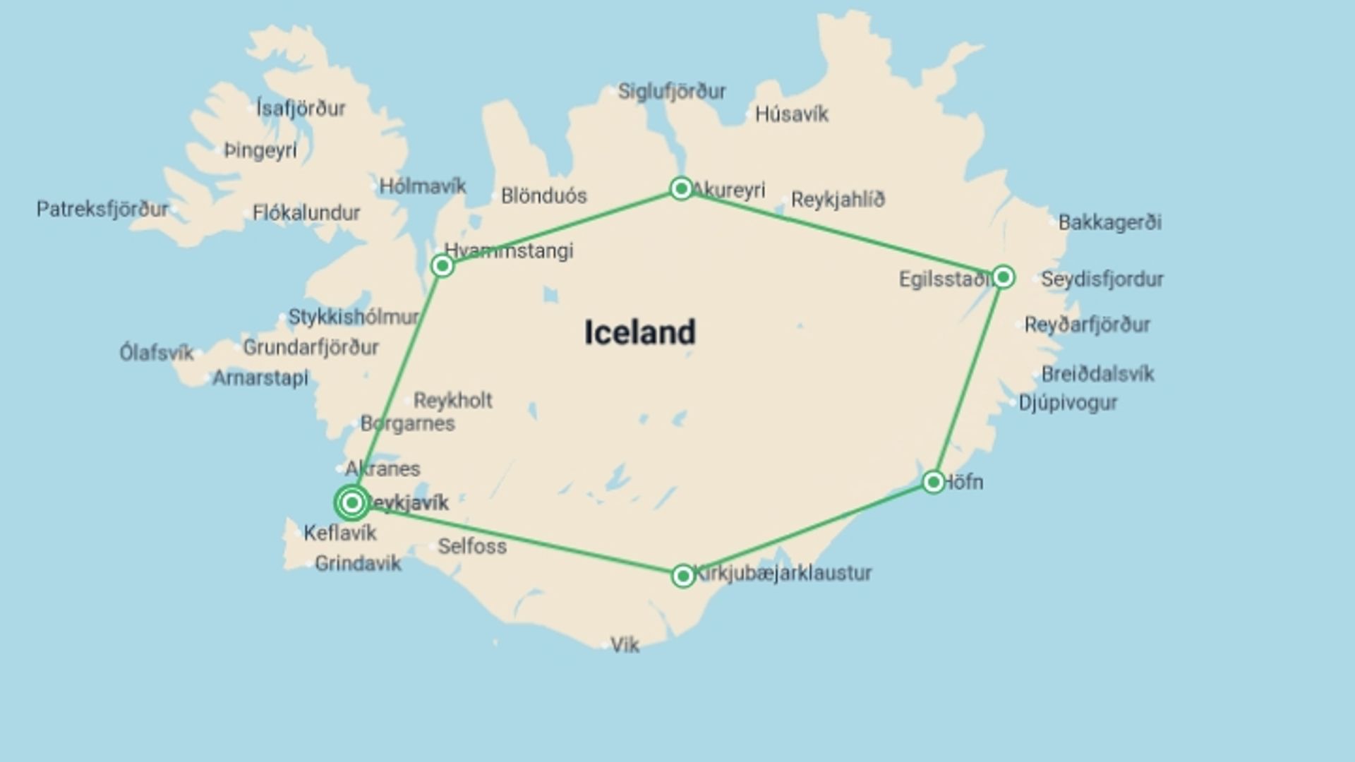 A map showing the tour itinerary for the trip: Northern Lights & Hidden Gems - 8 days, starting in Reykjavik, Iceland and ending in Reykjavik, Iceland going through 5 other destinations.