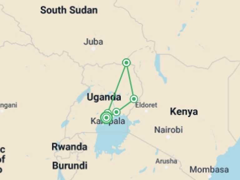 Map itinerary of Uganda Tour in April 2027 with 5 destination visits for the trip: Best of Eastern Uganda Safari