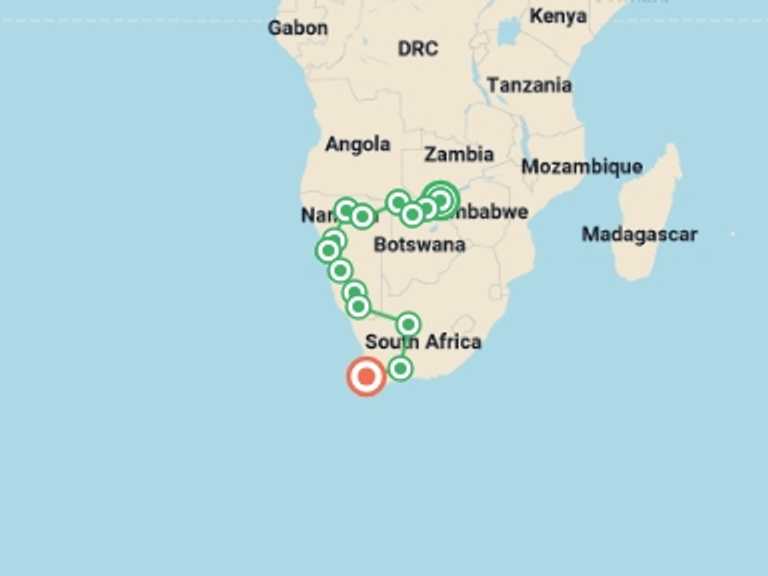 Map itinerary of Chobe National Park Tour in September 2026 with 14 destination visits for the trip: Vic Falls to Cape Town